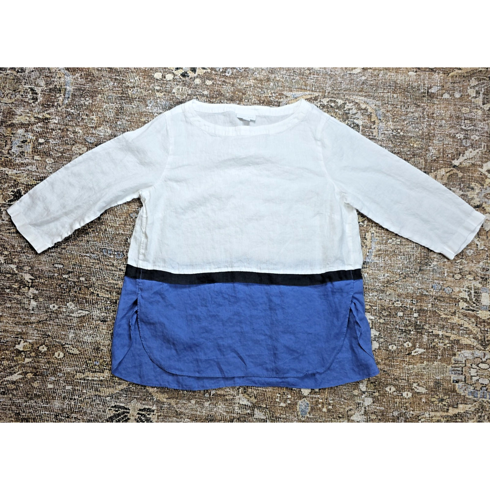 J Jill Love Linen Colorblock Tunic Top PS 3/4 Sleeve Blue Coastal Relaxed Travel